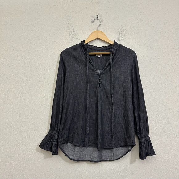 AG ADRIANO GOLDSCHMIED Lottie LS Top Black Denim Split Neck Gothic - Picture 1 of 11